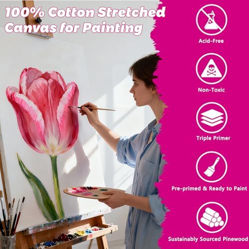 Stretched Canvas for Painting, 24Pack Canvas Value Pack for Painting, Triple Primed 5/8" Profile Cotton Professional Artist Quality Blank Canvas,Ready to Paint, Art Supplies for Acrylic, Oil