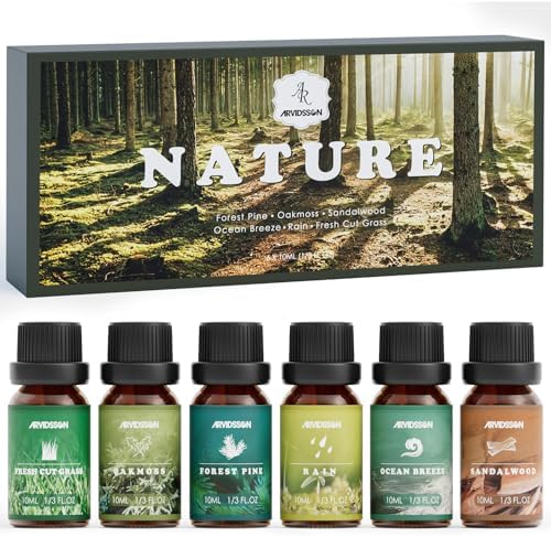 Nature Essential Oils Set, ARVIDSSON Natural Fragrance Oils for Candle Making, Fresh Cut Grass, Ocean Breeze, Rain, Pine, Sandalwood, Oakmoss, Diffuser Scented Oils