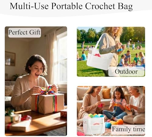 Crochet Bag for Yarn Storage, Puffer Knitting Bag with Soft Handles, Lightweight Yarn Storage Organizer with Zipper for Crochet Accessories, Gifts for Crocheters (Beige)