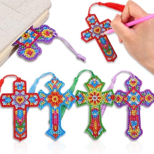 4 Pcs Cross 5d Diamond Art Bookmarks, DIY Acrylic Crystal Christian Bookmark with Tassel, Handmade Crafts Religious Book Mark Gift for Book Lovers Women Girls Teenagers Creative Decor
