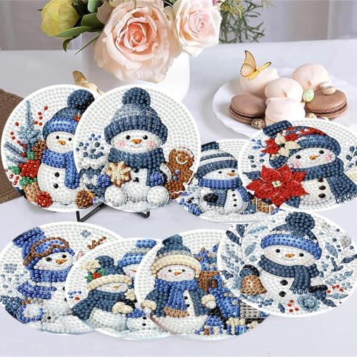 8 Pack Diamond Art Coasters,Christmas Snowman Diamond Painting Coasters