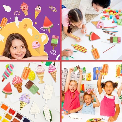 40Pcs Ice Cream Unfinished Wooden 8 Style Cutouts Ornaments DIY Craft Paintable Blank Cutouts Hanging Wood Slices for Summer Birthday Pool Party Decor Supplies
