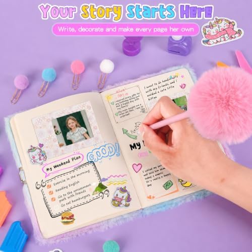 Cherry Tale DIY Journal Kit for Girls, 300+ PCS Scrapbook Kit for Girls Ages 6-14, Fluffy Unicorn Lockable Diary with Keys, Stickers and Markers, 6 7 8 9 10 11 12 13 14 Year Old Girl Birthday Gift