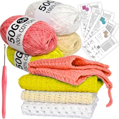 zwzxd Beginner Crochet Kit: Cotton Thread, Hooks & DIY Dishcloth Tutorial （Light Warm Pastel）
