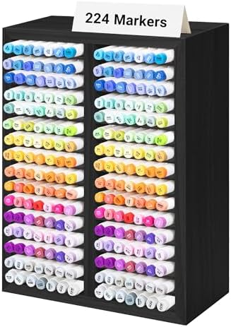 PROLEE Marker Organizer for 224 Markers, Wooden Alcohol Marker Holder with 32 Compartments, Horizontal Art Pen and Pencil Storage Rack for Desk, Classroom and Studio, Black