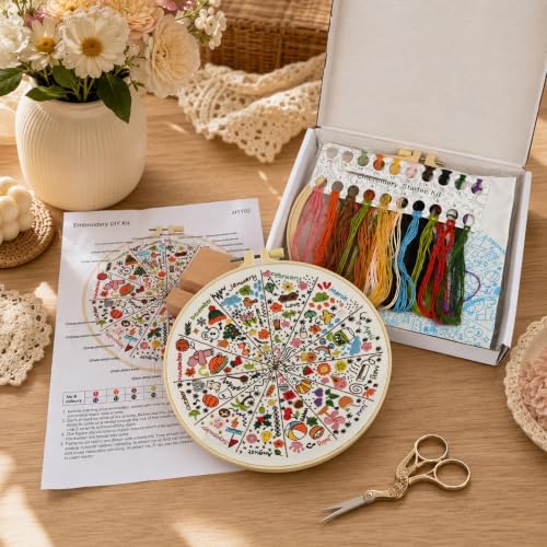 A Year of Doodles Embroidery Kit for Beginners Adults, 12-Month Seasonal Icon Wheel Easy Cross Stitch Kit Easy All-Year Round Embroidery Starter Kits with Wooden Hoop Needles Threads and Instruction
