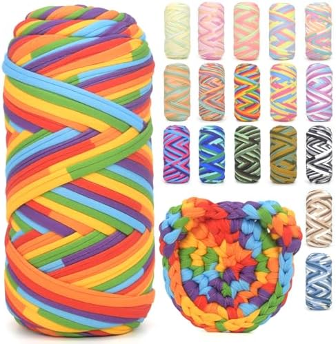 Tshirt Yarn for Crocheting,Rainbow T Shirt Chunky Elastic Fabric Thick T-Shirt Crochet Yarn for Beginners Crocheting Hand Knitting Bag/Basket/Coasters/DIY Crafts/Home Decor 200G-Bright Rainbow