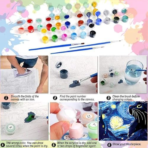 AALBLAC Black Cat Paint by Numbers Kit for Adults Beginners, Cat Adult Paint by Number Kits on Canvas, DIY Acrylic Starry Night Oil Painting for Home Wall Decor 16x20 Inch