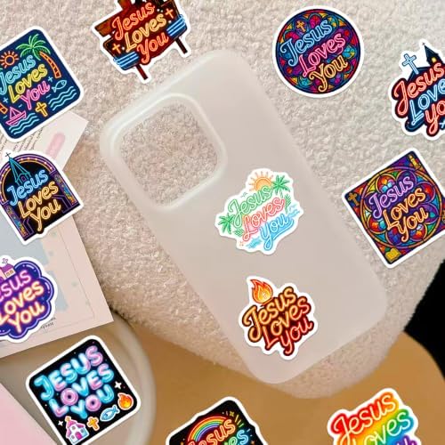 DothRayan 100PCS Neon Jesus Loves You Stickers Jesus Loves You Party Favors Birthday Party Decorations Vinyl Waterproof Stickers for Water Bottle Laptop Luggage