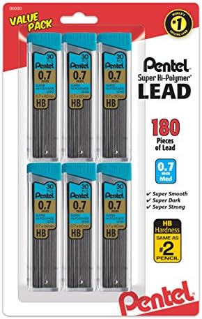 Pentel Super Hi-Polymer Refills, 0.7 mm Medium, HB, 180 Pieces of Lead (C27BPHB6)