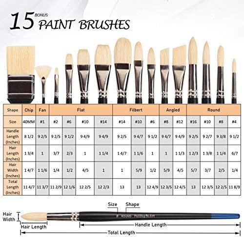 Falling in Art 15 Pcs Professional Oil Paint Brush Set, Natural Hog Bristle