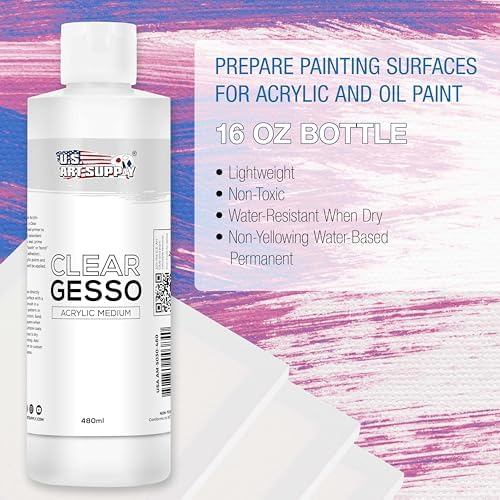 U.S. Art Supply Clear Gesso Primer (16oz) for Oil & Acrylic Painting | Enhances Blending & Canvas Paint Prep - Mixable Clear Gesso Primer for Acrylic Painting