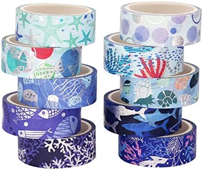 Blue Ocean Washi Tape Set 10 Rolls Bronzing Sea Decorative Masking Tapes for Scrapbooking, Journal, Planner, DIY Crafts, Gift Wrapping