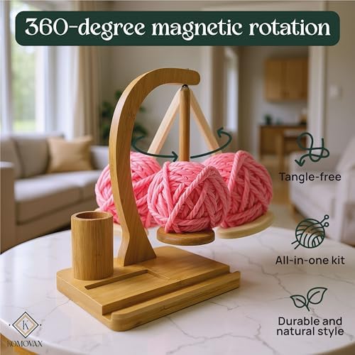 KOMOVAX Wooden Yarn Holder with Sewing Kit & Crochet Ring – Portable Yarn Spinner for Crocheting, Knitting & Yarn Organization – Magnetic Yarn Holder & Yarn Ball Stand – Perfect Gift for Crafters