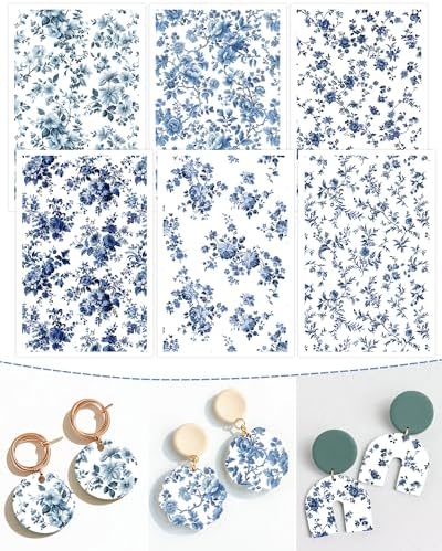 Puocaon Blue Flower Clay Transfer Paper - 18 Pcs Traditional Chinoiserie Art Design Transfer Sheets for Polymer Clay Blue Floral Earrings Design Jewelry Making