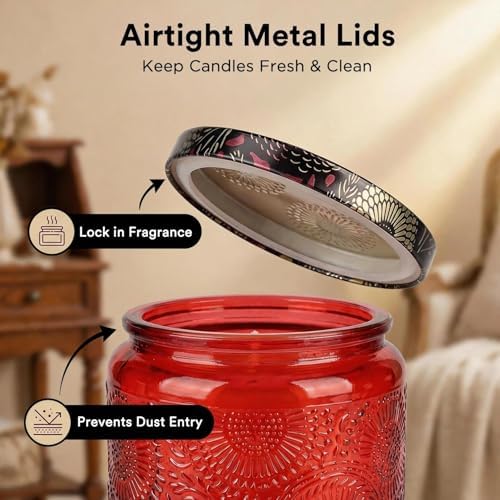 LumaCraft Luxury Embossed Glass Candle Jars for Making Candles - 12 Pack 4oz Empty Candle Containers with Airtight Metal Lids, 20 Wicks & 20 Stickers, Colored Glass Jars for Gifts & Decor
