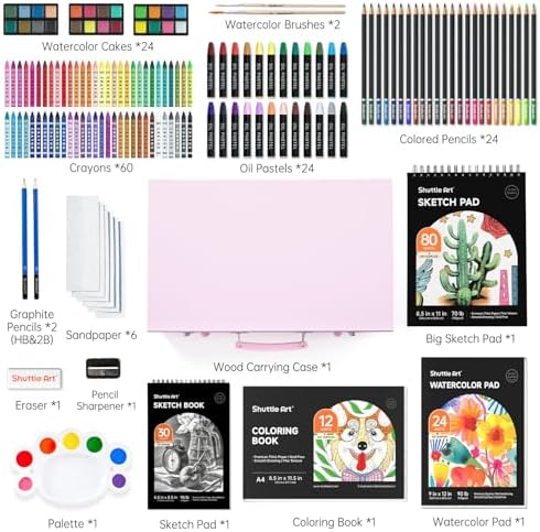 Shuttle Art 149 Piece Deluxe Art Set, Art Supplies in Wooden Case, Painting Drawing Art Kit with Crayons Colored Pencils Oil Pastels Coloring Book Sketch Pad for Kids Adults