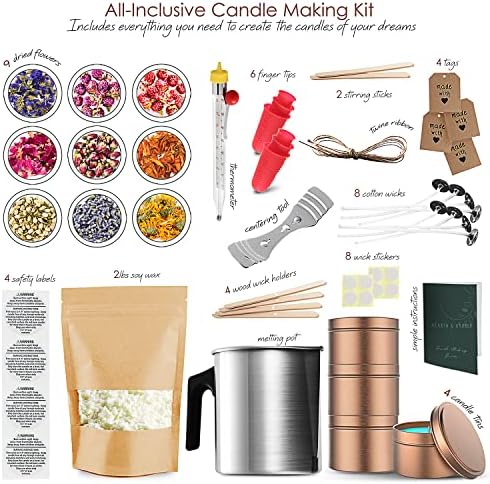 Hearth & Harbor Organic Soy Candle Making Kit for Adults, DIY Crafts, Complete Candle Making Supplies Include Natural Soy Wax, Tins, Dried Flowers, Wicks & More – Gift Idea, Perfect Home Decor – 2 Lbs