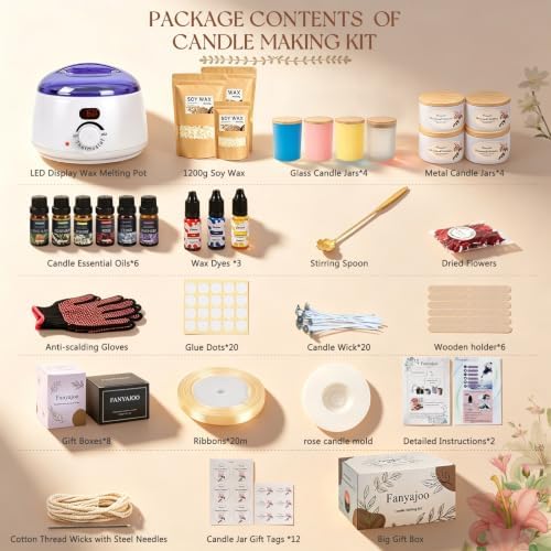 Fanyajoo Candle Making Kit,Candle Making Kit for Adults & Beginners–1200g Soy Wax，Digital Wax Melting Pot, Floral Candle Molds, Gift Boxes,Complete DIY Set，Perfect for Home Crafts & Giftin