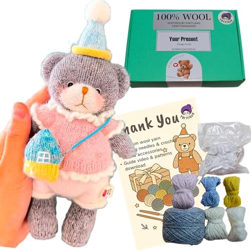 Yarnique Wool Bear Knitting Kit – Real Wool Amigurumi Kit for Adults with Video Tutorials | DIY amigurumi Crochet & Knitting Kit with Tools | Holiday Gift Craft Set (Birthday Bear)