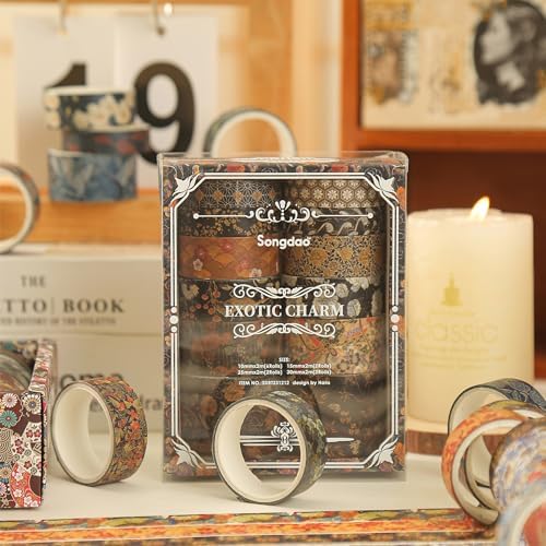 12 Rolls Kyoto Charm Washi Tape Set Japanese Arts Adhesive Tapes Geometric Garden Decorative Masking Tape Sets for Craft, Kids, Scrapbook, DIY, Gift Wrapping (Black Elegance)