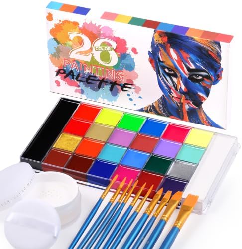 Face Painting Kit, 26 Colors Oil Based Face & Body Paint Palette with Translucent Setting Powder & 10 Brushes, Large Black & White Pans for Halloween SFX Cosplay Costume Makeup