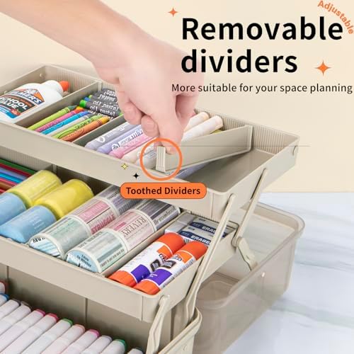 TERGOO 14in 3-Layer Multipurpose Craft Organizers and Storage with Adjustable Dividers, Portable Tackle Box, Folding Art & Craft Case for Medicine, Tool, Sewing Organizer (Brown, X-Large)