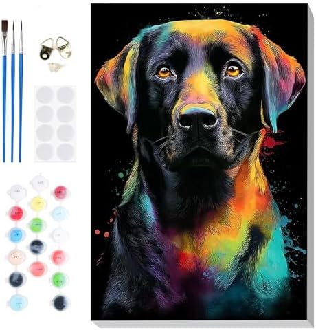 Bowetile Framed Colorful Dog Paint by Numbers Kit for Adults, Adults' Paint-by-Number Kits on Canvas, Painting by Numbers Animal, Acrylic Dog Number Painting for Home Wall Decor, 8x12in
