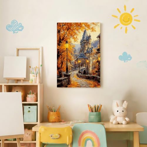 Spandrel Autumn Scenery Framed Paint by Numbers Kit for Adult Castle, Adult Paint by Number Kits on Canvas Landscape, DIY Acrylic Oil Easy Fall Painting by Numbers for Home Wall Decor, 8x12in