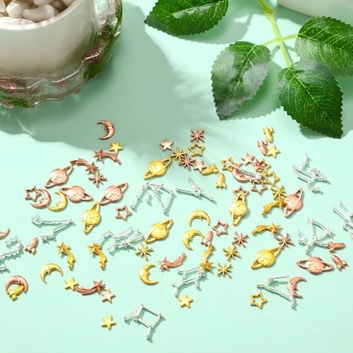 Hicarer 82 Pcs Cosmos Themed Resin Fillers Alloy Epoxy Star Moon Planet Resin Charms for Craft Jewelry Making Filling Accessories, Gold, Silver, Rose Gold