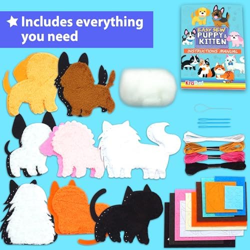 KRAFUN Puppy & Kitten Sewing Kit for Kids Ages 6+ | 8 Dolls