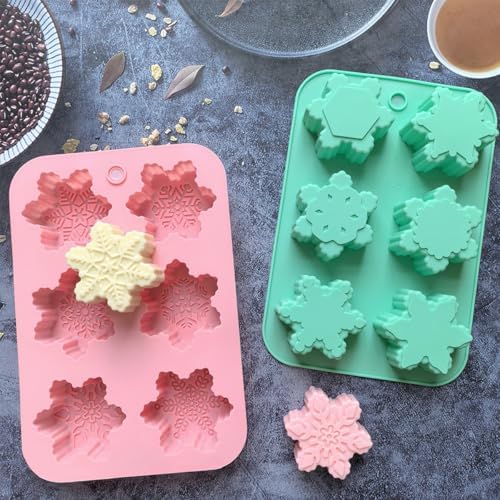 2 Pcs Snowflake Silicone Candle Soap Molds for Christmas Baking Chocolate Candy Cake Pan Cookie Jelly Muffin Ice Cube Trays Baking Moulds DIY Bath Bomb Molds Decoration (Green Light Pink)