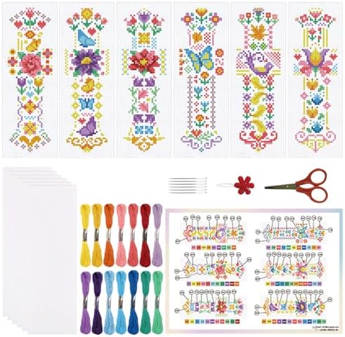ORIGACH 6 Set Vintage Folk Floral Cross Stitch Bookmark Kit for Beginner