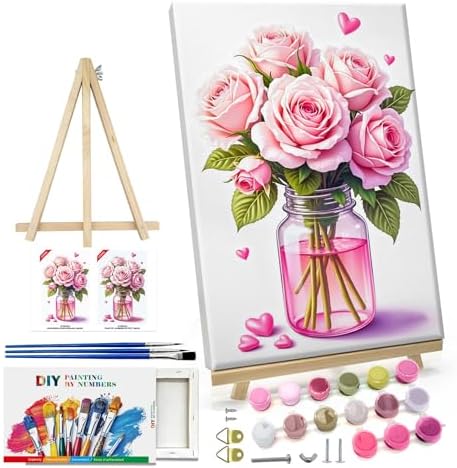 ATDMS Paint by Numbers Kit for Adults with Frame Flowers Paint by Number with Easel Floral Adult Paint by Number Kits Framed Canvas DIY Acrylic Oil Painting Kits for Home Wall Decor 8x12 Inch