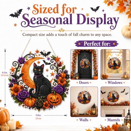Silkivana Halloween Black Cat Moon Diamond Art Hanging Ornament Kit, Double Sided Faceted Rhinestone Suncatcher, DIY Window Hanging Pendant Decor for Indoor & Outdoor Home Wall Craft