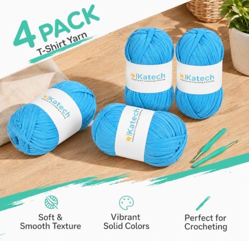 Katech 400g T-Shirt Yarn for Crocheting, Elastic Fabric Yarn for Bag-Blue