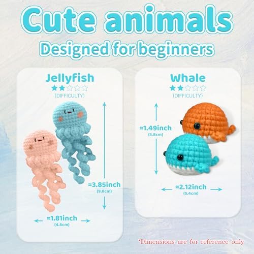 YAMAXIN Crochet Set for Beginners, for Complete Adults, Animal Crochet Hook Set for Beginners, Crochet Knitting Set with Video (8pcs Jellyfish, Chicks, Frogs, Penguins, Whales,Bees)