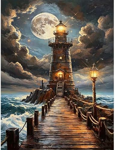 Paint by Numbers Kit for Adults - Ocean Lighthouse at Moonlight, DIY Paint by Number, Oil Painting Style Canvas, Paint by Numbers for Adults, Beginner Friendly Wall Decor Kit
