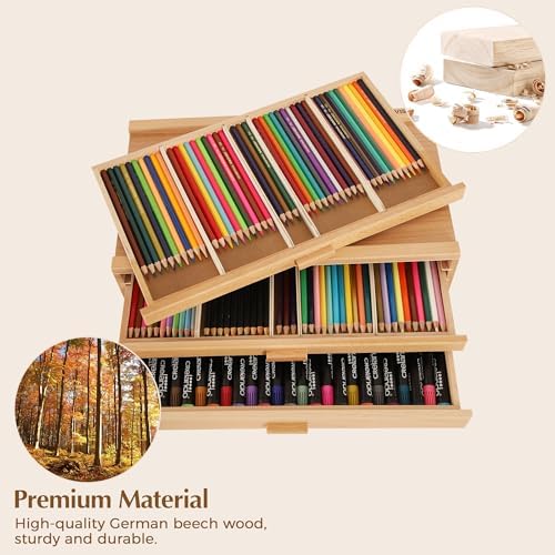 VISWIN Upgraded 3-Drawer Wood Artist Supply Storage Box with Removable Dividers, Premium Beech Wood Art Storage Box, Portable Organizer Box for Paints, Pastels, Pencils, Brushes and Art Supplies