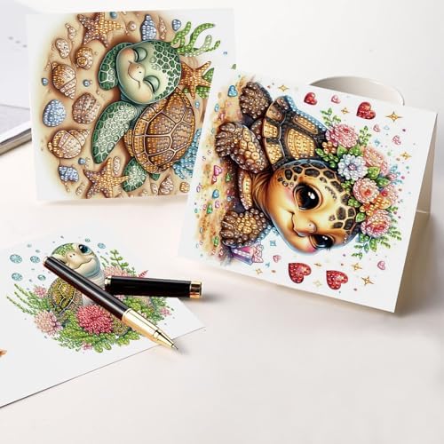 antor 6 pcs Diamond Art Painting Greeting Card Kits, Animal Cute Turtle Design Irregular Shapes Diamond Art Fine Glitter Greeting Cards with Envelopes, Clay Glue, Pen, and Bead Bag for Creative Gifts