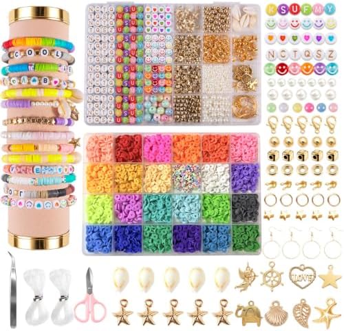 torbers 6000 Pcs Clay Beads Bracelet Making Kit, 24 Colors 6mm Flat Preppy Polymer Beads with Charms, Letter Beads and Elastic Strings, DIY Jewelry Making Set for Friendship Bracelets