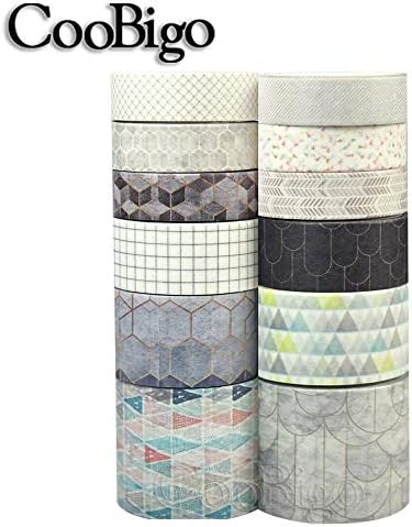 CooBigo Washi Tape Set, 12 Rolls 4 Size Decorative Masking Washi Tapes for Craft, Scrapbook, DIY, Planners, Gift Wrapping (Geometric Pattern)