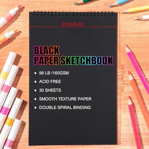 Black Paper Sketchbook 8.3 × 11.7 in, 30 Sheets, 160gsm, Spiral Bound | Acid-Free 98Lb Paper, Top Spiral, Tear-Off Pages, for Colored Pencil, Chalk & Metallic Markers