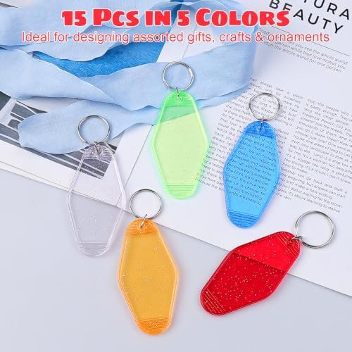 BLMHTWO 15PCS Motel Keychain Blank Bulk Rhombus Hotel Keychain with Glitter