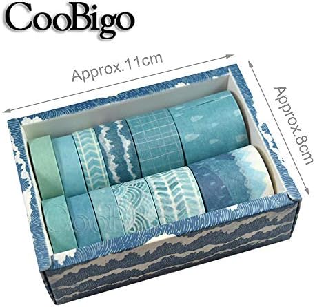 CooBigo Washi Tape Set, 12 Rolls 4 Size Decorative Masking Washi Tapes for Craft, Scrapbook, DIY, Planners, Gift Wrapping (Blue Track)