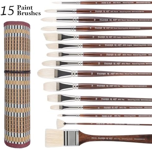 Falling in Art 15 Pcs Professional Oil Paint Brush Set, Natural Hog Bristle