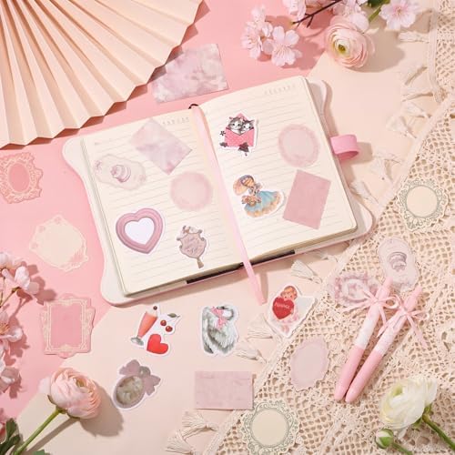 Janlaugh DIY Journal Diary with Lock Pack Scrapbook Kit, Pink, Bow | Stationery Diary Supplies, Scrapbook Supplies Art Crafts Kit for Birthday Holidays Ideal Gifts, Feather Bookmark Stickers