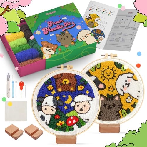 yuegool 2PCS Punch Needle Decoration Kit,Easy DIY Punch Needle Embroidery Kit for Beginners Adults Including Patterns, Tools, Yarns, Hoop, Instruction, Bracket Art Craft Supplies