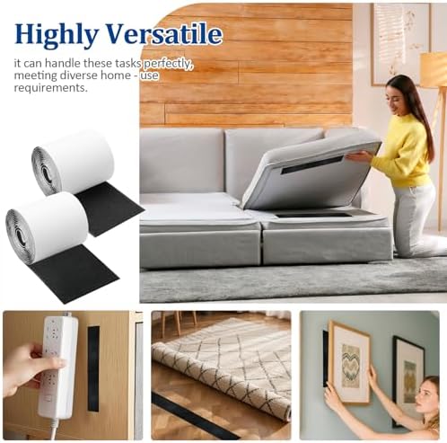 4.4" x 15 FT Heavy Duty Adhesive Hook and Loop Tape Strips - Reusable Fastener for Home, Office & Crafts (Black)