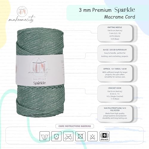Makromecity Sparkle Polypropylene Macrame Cord 3mm x 131 Yards (394 feet) Premium Polyester Macrame Cord for Macrame Art & Crafts for Wall Hangings, Bags, Underplate, Rug